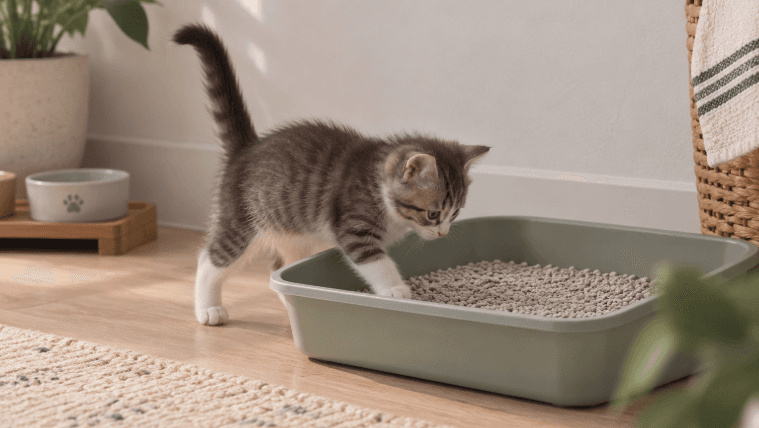 Котенок заходит в лоток